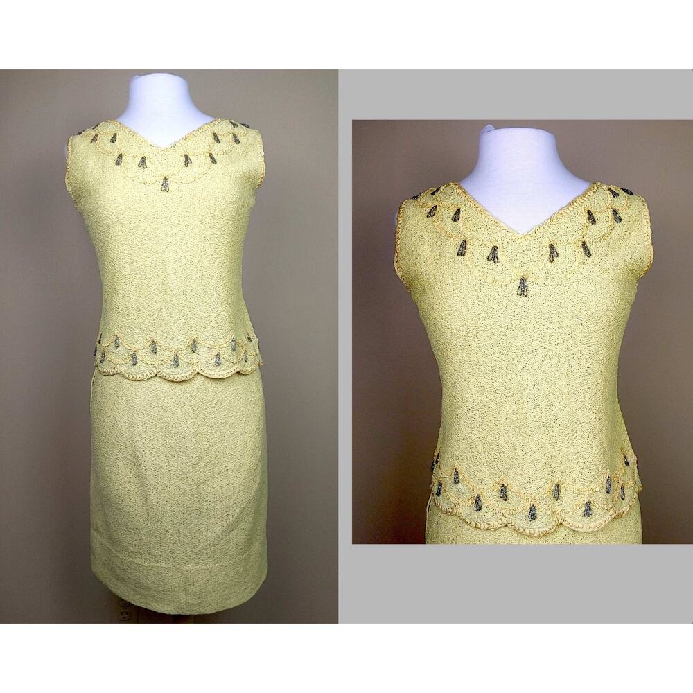 60s Yellow Knit Sleeveless Top and Skirt Set, Silver Beaded Detail, Vintage
